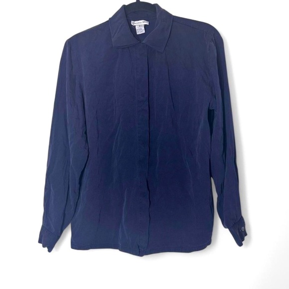 Christian Dior 100% Silk Vintage button Long sleeve blouse Navy size 8 OLD MONEY - Picture 1 of 8